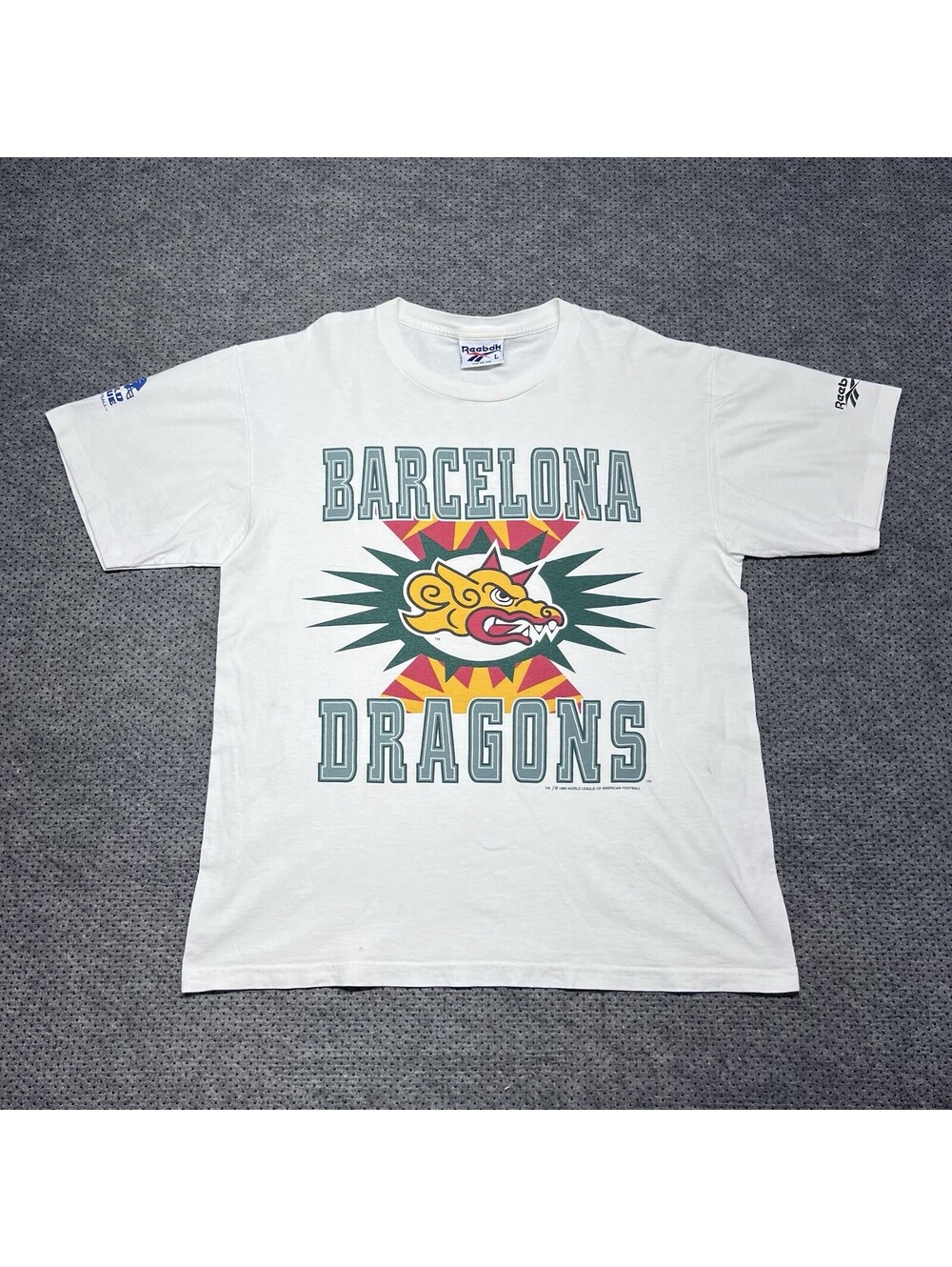 Vintage 1996 Reebok Barcelona Dragons Soccer T-Shirt Large RARE MENS WHITE